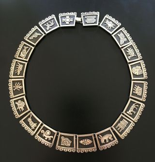 Vtg.  Talleres De Los Ballesteros Mid - Century Sterling Silver Aztec Mayan Necklace