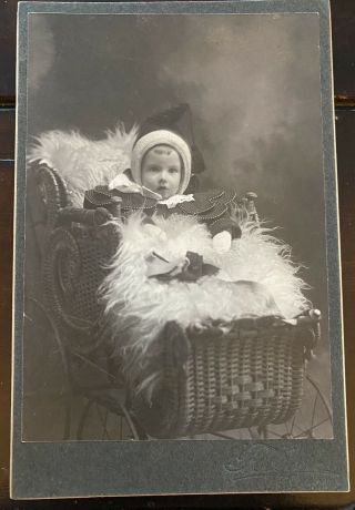 Antique Cabinet Card Photo Of Baby In Carriage Great Outfit Marlboro Mass