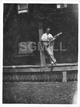2 Vintage Photos Young Man Relaxed On Porch Playing Banjo And Guitar