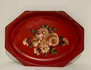 E.  T.  Nash Vintage Hand Painted Floral Toleware Serving Tray Platter Red Floral