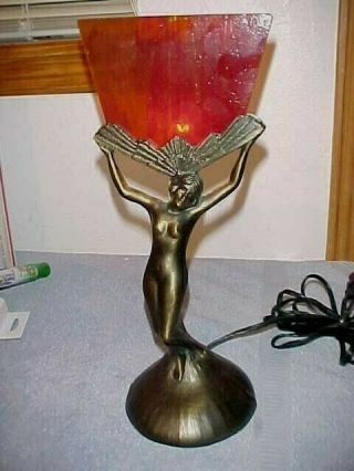 Rare Antique Vintage Art Deco Cast Woman Lady Nude Table Lamp,  Red Fire Glass