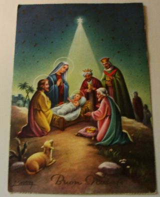 Vintage 1960 Italian Postcard Buon Natale Nativity Scene Artist P.  Ventura Stamp