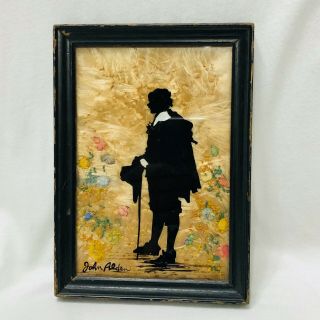 Antique Fisher Reverse Painted John Alden Silhouette Art Dried Flowers Milkweed