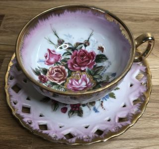 Vtg.  Japanese Tea Cup And Saucer Reticulated Luster Ware Hand Painted Roses Gold
