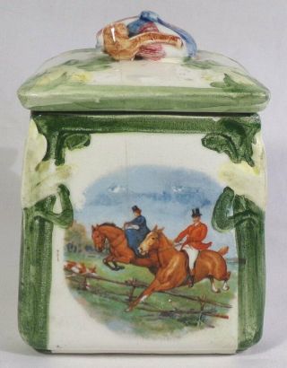 Early English Tally Ho Hunt Scene Porcelain Covered Biscuit Jar