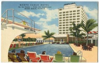 012213 Vintage Miami Beach Fl Postcard Monte Carlo Hotel Folks @ Pool