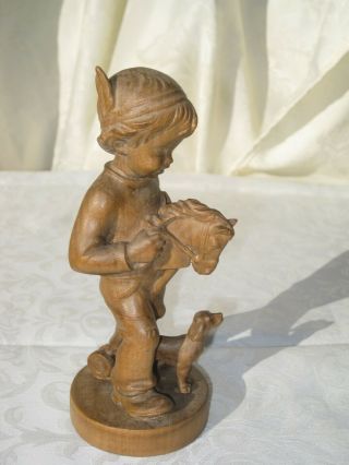 Carved Wooden Figurine Boy Dog Playing Indian Feather Dolfi Anri German? Rare