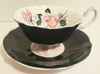 Vintage Queen Anne England Footed Teacup And Saucer Black Pink Floral 5856