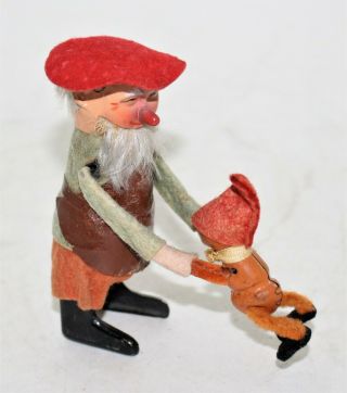 Rare Vintage Schuco Tin Dancing Dwarf Gnome With Baby Windup Toy Germany