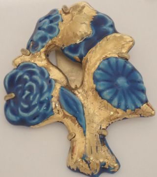 Vintage French Art Deco Turquoise Glazed Gold Gilt Ceramic Flower Dress Clip