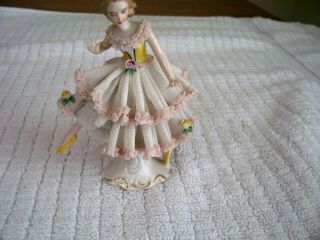 Vintage Dresden Pink Lace Dancing Ballerina 4 1/2” Yellow Dress Shoes -