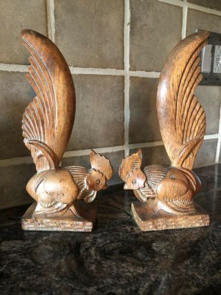 Set Of 2 - Hand Carved Wood Rooster Figures,  Bookends,  Vintage Folk Art