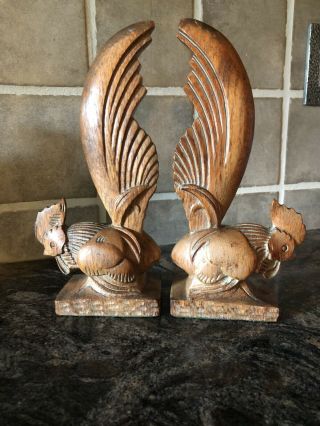 Set of 2 - Hand Carved Wood Rooster Figures,  bookends,  Vintage Folk Art 2