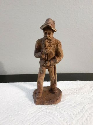 Vintage Wooden Intricate Hand Carved Old Bearded Man With Pipe And Cane Folk Art