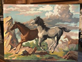 Large 1950’s Vintage Paint By Number Running Horses Southwest 18” X24”