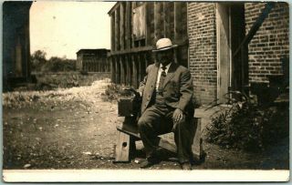 Vintage Rppc Real Photo Postcard Big Man On Little Bench 1911 Keokuk Iowa Cancel