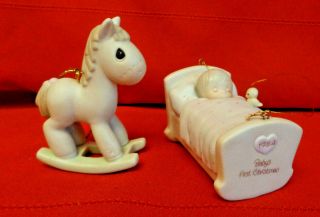 Set Of 2 Precious Moments Ornaments,  Rocking Horse And Baby In Cradle
