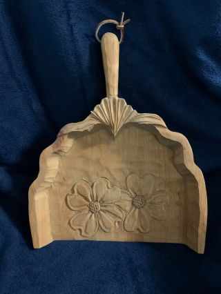 Vintage Hand Carved Wood Dust Pan With Flower Pattern