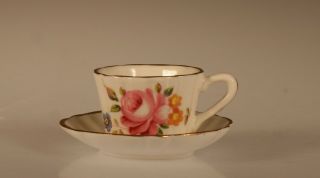 Miniature Bone China Cup And Saucer With Pink Roses,  England