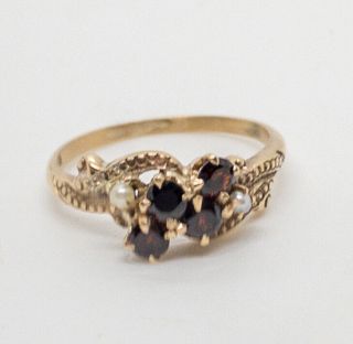 Antique Victorian Garnet & Seed Pearl Ring 14k Yellow Gold Size 6