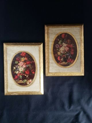 Pair Vintage Florentine Wall Plaques Gold Gilt Wood With Floral Motif Italy