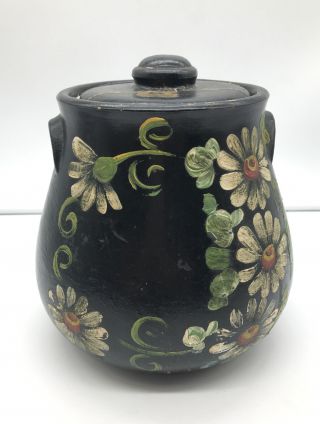 Antique Primitive Folk Art Old Stoneware Crock Jar Hand Painted Flowers Vintage