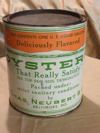 Vtg Chas.  Neubert W/orignal Brand Lid Oyster Can 1 Gallon Size Graphics