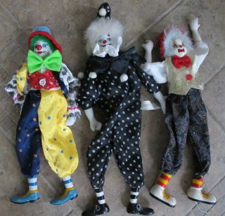 3 Vintage 13 " Ganz Porcelain Shelf Sitter Clown Dolls