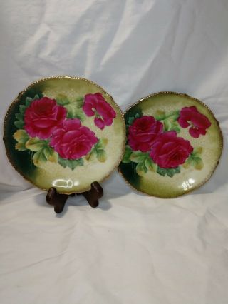 2 Vintage Hand Painted Bavarian Porcelain Plates Fuchsia Roses Signed Lorenzo