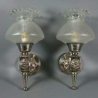 Vintage French Empire Style Torch Chrome Wall Sconce Pair Etched Glass Shades