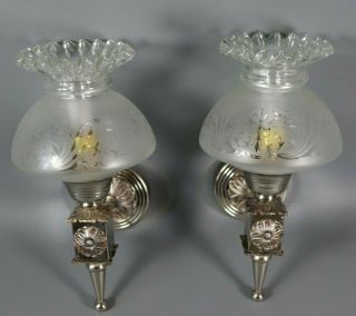 Vintage French Empire Style Torch Chrome Wall Sconce Pair Etched Glass Shades 2