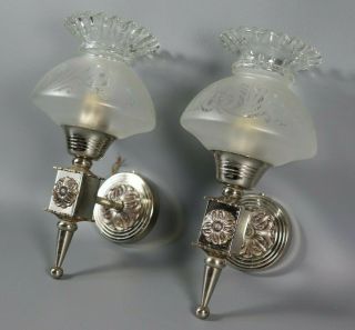 Vintage French Empire Style Torch Chrome Wall Sconce Pair Etched Glass Shades 3