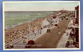 Old Vintage Postcard Promenade & Beach Rhyl Denbighshire Wales Cars Pier