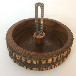 Collectable Vintage Large Rustic Wood Tree Trunk Nut Cracker Bowl With Cracker