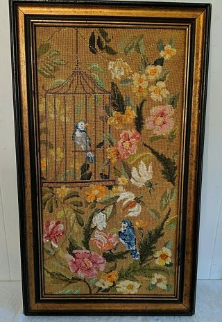 Gorgeous Large Vintage Needlepoint Flowers & Birds Framed