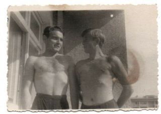 Two Good Looking Men Man Flexing Muscles Vintage Snapshot Photo