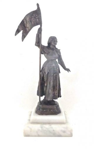 Antique French 19th Century Bronze Of Joan Of Arc On White Marble Base Noreserve
