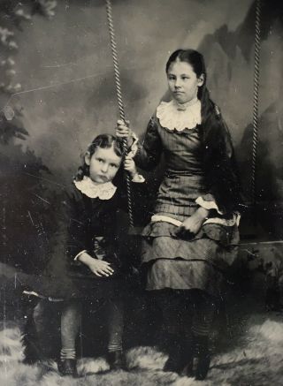 Antique American Two Sisters On Swing School Girls Tintype Photo