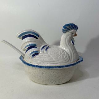 Vintage Ceramic Soup Tureen Chicken Blue Speckle With Ladle Large 14 Inches Long