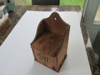 Antique Primitive Wooden Salt Box W Logo On Front Rustic Kitchen Pantry 5334