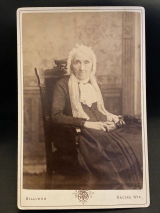 1880s Antique Cabinet Card Photo Elderly Woman W Glasses Bonnet Racine Wisconsin