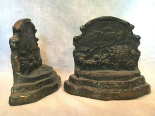 Pair Antique Armor Bronze Old Coach Days Bookends Frontier Stagecoach Horses