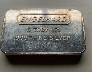 Vintage Engelhard 5 Oz Silver Bar.  999 Fine