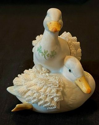 Sweet Muller - Volkstedt Mv Irish Dresden Ducks W Clover Porcelain Lace Figurine