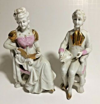 Vintage Porcelain Victorian Figurines Man & Woman Couple Colonial With Gold Trim