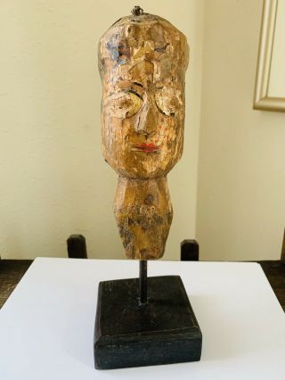 Antique Wooden Puppet Head Bust Old Hand Carved