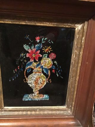 Antique Foil Tinsel Reverse On Glass Framed Victorian Picture Floral 2