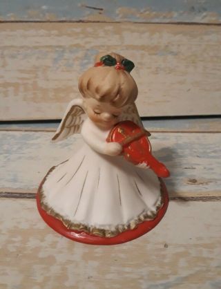Vintage Lefton Christmas Angel Figurine Playing Red Violin 1419 Holly Japan