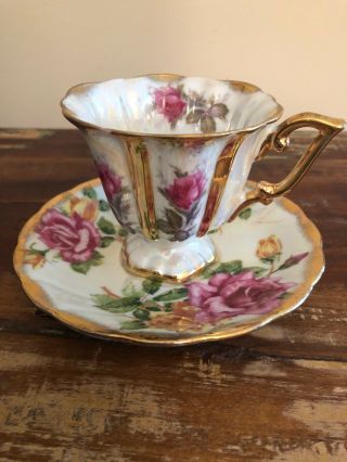Royal Sealy Pedestal Tea Cup And Saucer Iridescent - Roses And Gold - Japan