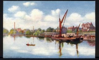 Thames Barge On The Thames At Hampton.  Vintage Art Postcard.  Uk Postage